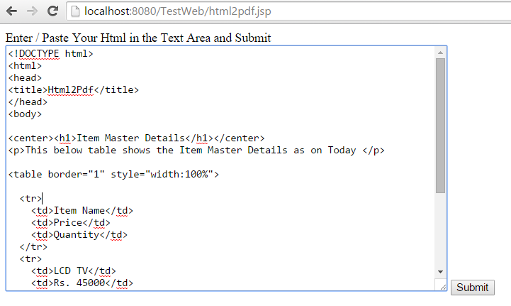 sample java code to convert html to pdf